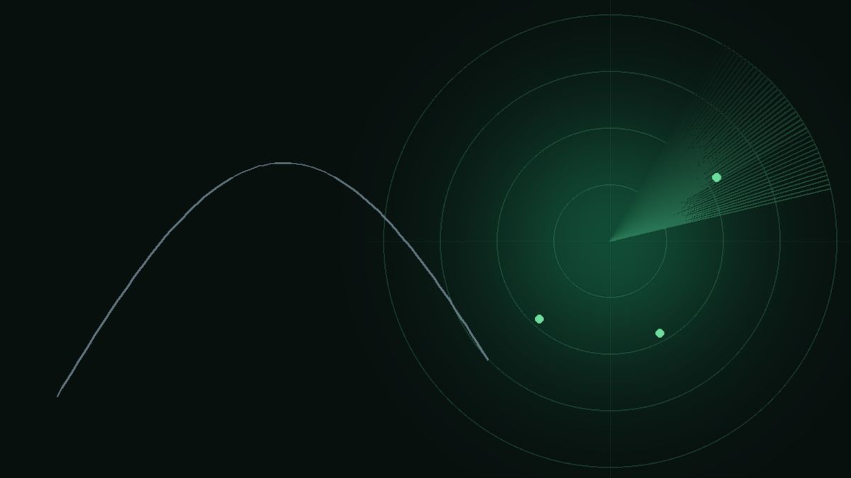 A green radar screen with a missile trajectory arc on a dark background