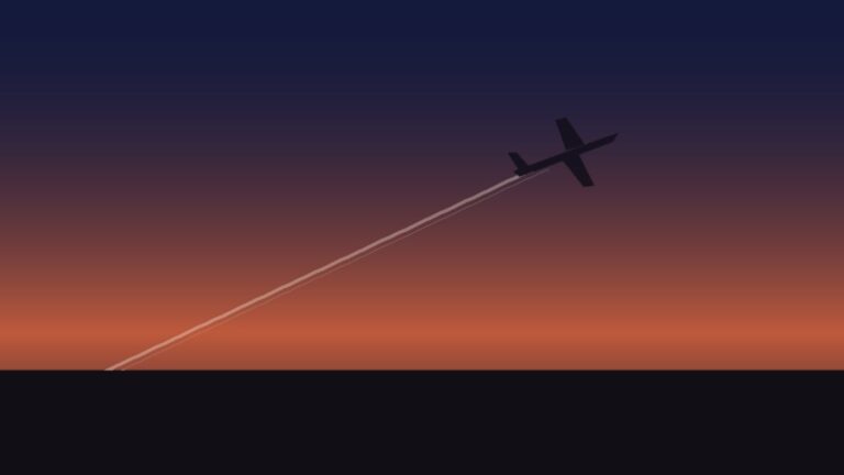 An airplane silhouette with a contrail against a sunset sky
