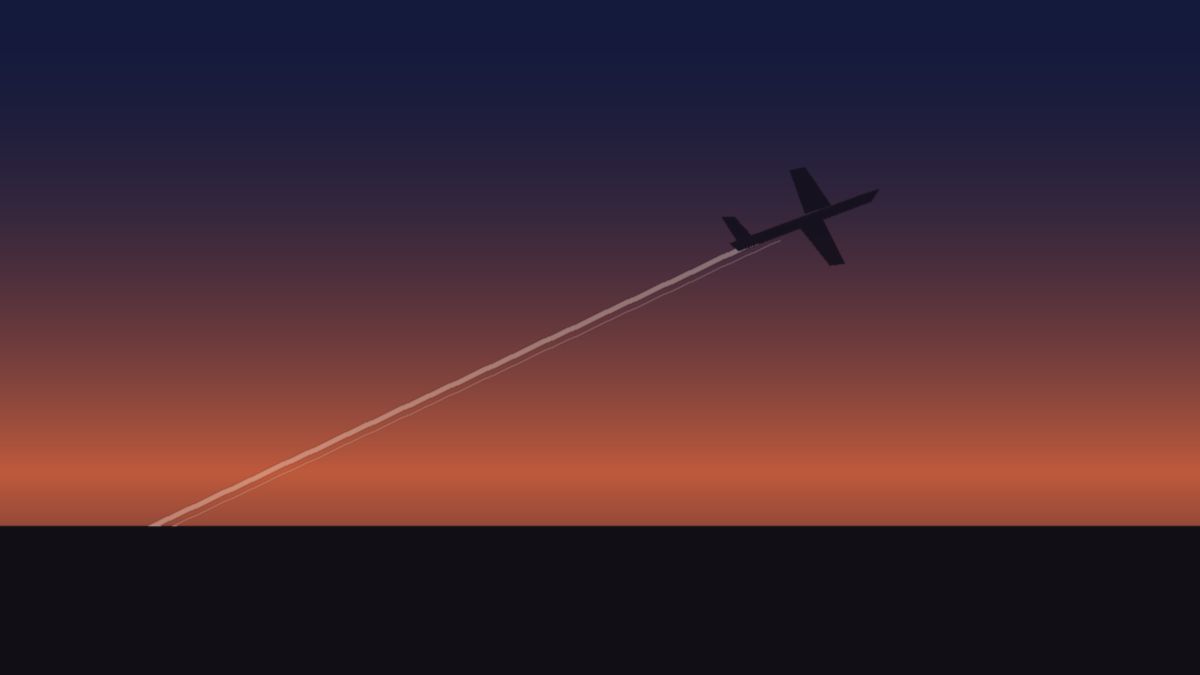 An airplane silhouette with a contrail against a sunset sky