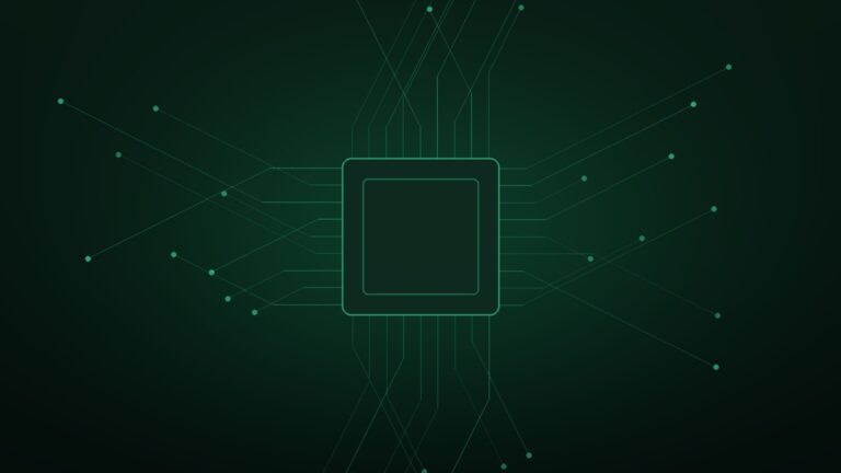 A glowing computer chip with circuit traces on a dark green background