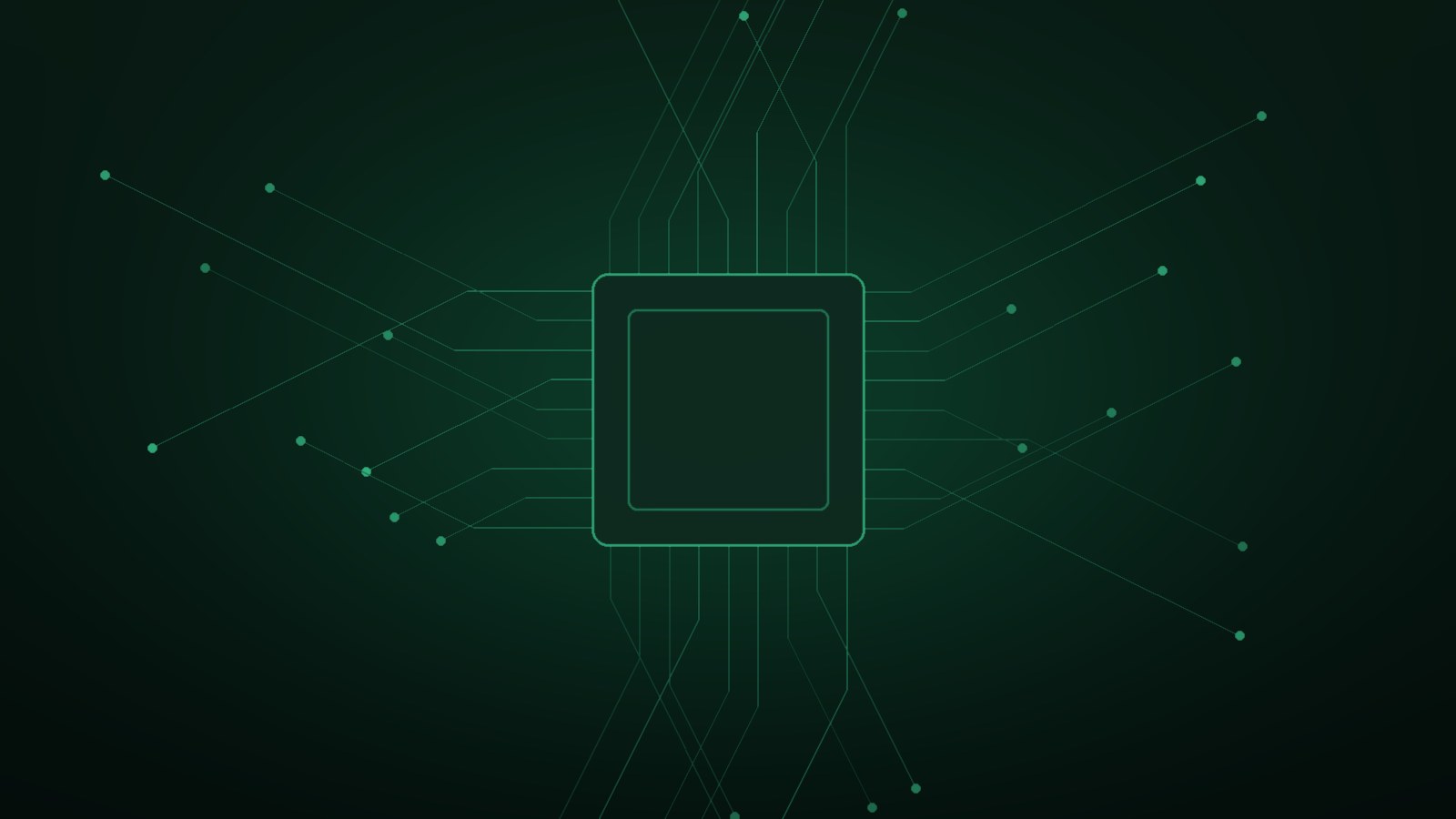 A glowing computer chip with circuit traces on a dark green background