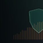 Glowing shield outline in front of rising price bars on a dark teal background