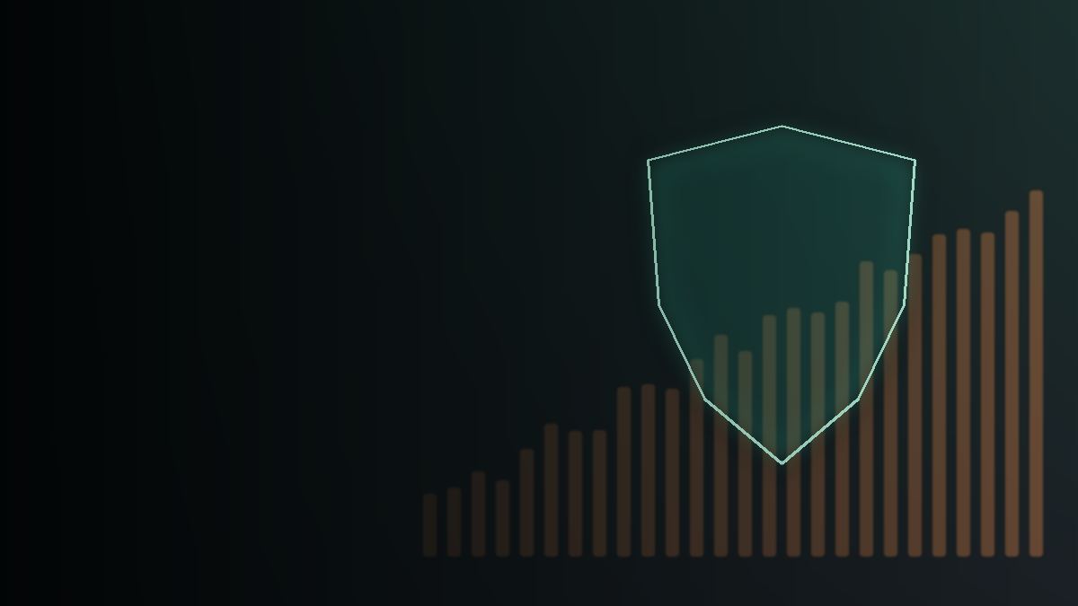 Glowing shield outline in front of rising price bars on a dark teal background
