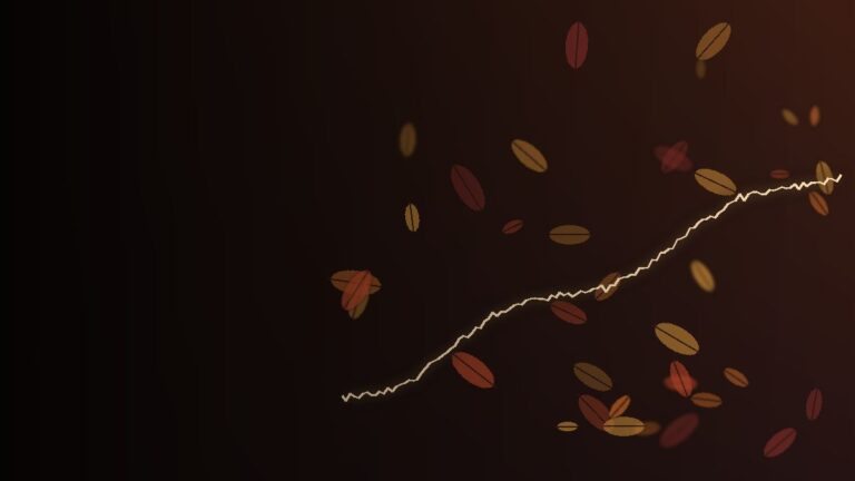 Autumn leaves drifting around a rising glowing market line on a dark background