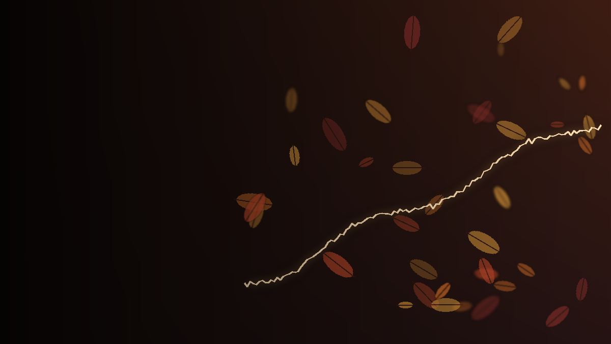 Autumn leaves drifting around a rising glowing market line on a dark background
