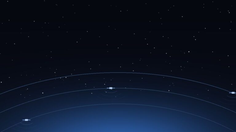 Satellites orbiting above the curve of the Earth at night